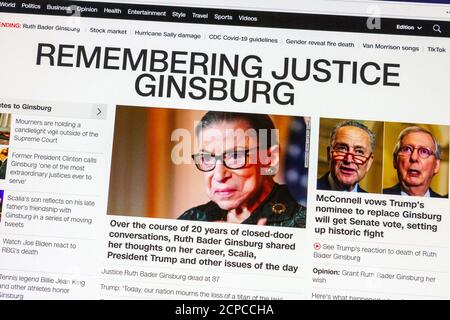 Capture d'écran du site Web de CNN annonçant le décès de la juge Ruth Bader Ginsburg de la Cour suprême le 18 septembre 2020. Banque D'Images