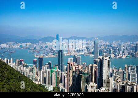 Victoria Peak, vue sur Kowloon et l'île de Hong Kong Banque D'Images