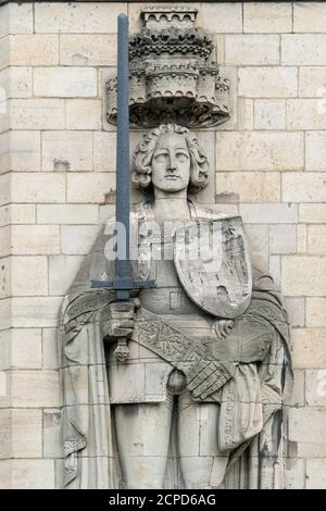 Duisburg, vieille ville historique, Burgplatz, statue de Roland à l'hôtel de ville Banque D'Images