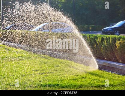 Une belle fontaine d'arrosage d'un système automatique vaporise la pelouse verte par une belle journée ensoleillée. Banque D'Images