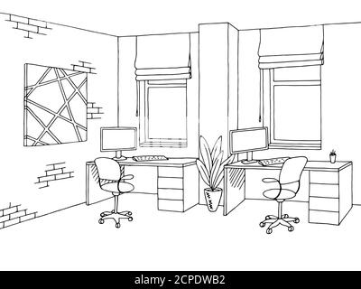 Intérieur graphique de bureau noir blanc croquis vecteur d'illustration Illustration de Vecteur