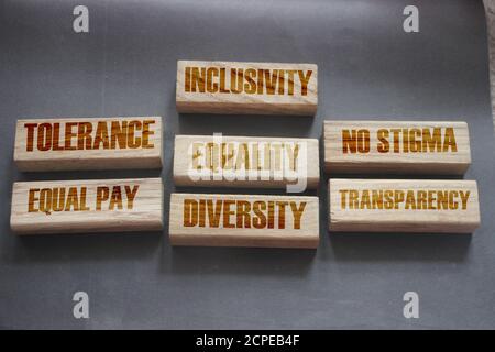 Tolérance d'inclusivité transparence égalité diversité mots sur blocs de bois. Concept social Banque D'Images