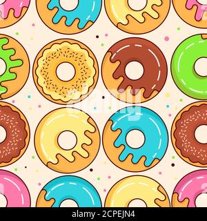 Beignets glacés à motif sans couture. Pâtisseries colorées à motif vectoriel plat. Illustration de Vecteur