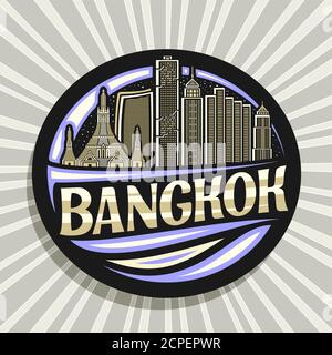 Logo Vector pour Bangkok, badge décoratif noir avec illustration de la célèbre ville de bangkok sur fond de ciel nocturne, art design touriste f Illustration de Vecteur