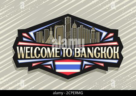 Logo Vector pour Bangkok, badge décoratif noir avec illustration du paysage urbain moderne de bangkok sur fond ciel nocturne, réfrigérateur touristique magne Illustration de Vecteur