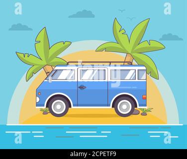 Paysage marin d'été avec l'île tropicale avec des palmiers et la plage de sable. Illustration de Vecteur