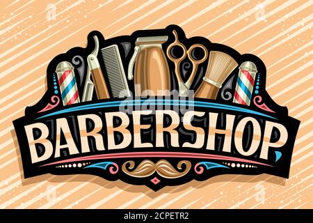 Logo Vector pour Barbershop, panneau d'affichage décoratif noir avec accessoires de beauté professionnels dorés, lettres uniques pour barbershop mot, Signa vintage Illustration de Vecteur