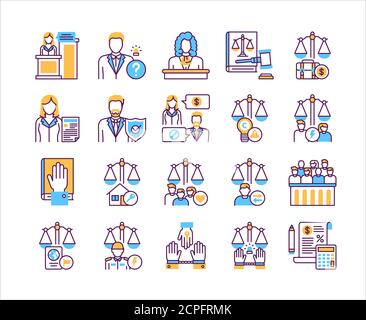 Jeu d'icônes de couleur de la loi et de la ligne de justice. Type de tribunal. Concept judiciaire. Illustration de Vecteur