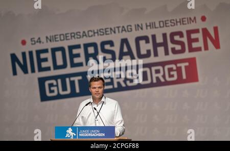 Hildesheim, Allemagne. 19 septembre 2020. Christian Fühner, président de l'État de la JU en Basse-Saxe, prend la parole lors du jour de la Basse-Saxe de l'Union de Junge. Le nouveau comité exécutif est élu, Fühner demande un deuxième mandat. Credit: Peter Steffen/dpa/Alay Live News Banque D'Images