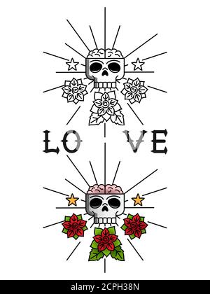 Illustration vectorielle de modèle de tatouage. Concept de dessin au trait avec crâne et fleurs et échantillon de couleur Illustration de Vecteur