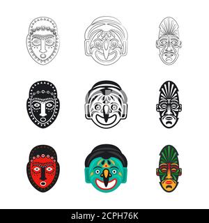 Ensemble d'icônes de masque africain tribal isolées sur fond blanc. Masque facial, ethnique africaine, culture tribale de l'afrique. Illustration vectorielle Illustration de Vecteur