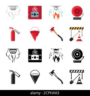 Symboles plats de sécurité incendie vecteur de l'ensemble. Illustration de la sécurité incendie, de la protection contre la sonnerie d'alarme Illustration de Vecteur