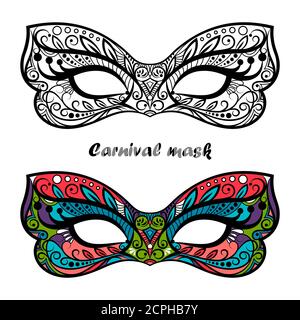 Page de coloriage masques de carnaval isolés sur fond blanc. Motif vectoriel masques de fête Illustration de Vecteur