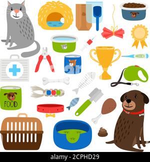 Articles pour chats et chiens. Stuff pour chats et chiens service d'infographie et magasin d'animaux, médicaments et article de toilettage ensemble illustration vectorielle Illustration de Vecteur