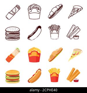 Silhouettes de ligne et de couleur symboles de vecteur de fastfood définis sur blanc arrière-plan Illustration de Vecteur