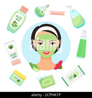 Bonne fille avec masque facial. Illustration vectorielle de cosmétiques organiques. Masque de vera d'aloès de fille, cosmétique organique Illustration de Vecteur