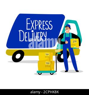 Illustration de vecteur de suivi de livraison express, de manuel de livraison et de colis. Fourgonnette et homme avec livraison de colis Illustration de Vecteur