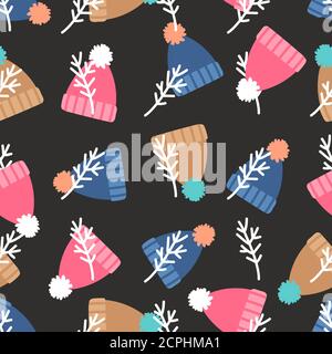 Chapeaux d'hiver chauds avec motif pompon sans coutures. Chapeau sans coutures avec pompon, illustration vectorielle Illustration de Vecteur