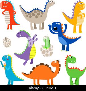 Dinosaures mignons. Dessin animé de bébé souriant dinosaures animaux isolés sur fond blanc, illustration vectorielle Illustration de Vecteur