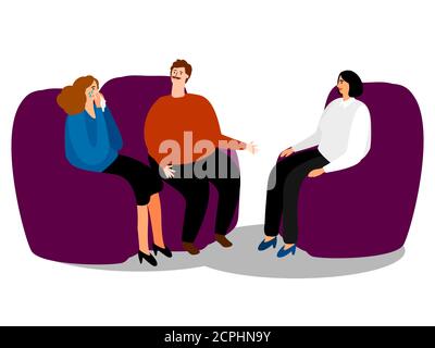 Psychothérapie. Psychologue de famille parlant avec un couple, illustration du vecteur du concept de psychiatrie familiale Illustration de Vecteur