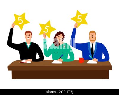 Jury de quiz. Groupe de juges de la concurrence assis à la table et montrer l'illustration vectorielle des cartes de score d'opinion. Jury de compétition avec étoiles Illustration de Vecteur