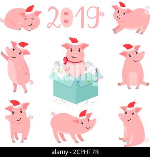 Cochon nouvel an. Portrait de porc de Noël illustration vectorielle, hiver mignon porc rose animal isolé sur fond blanc Illustration de Vecteur