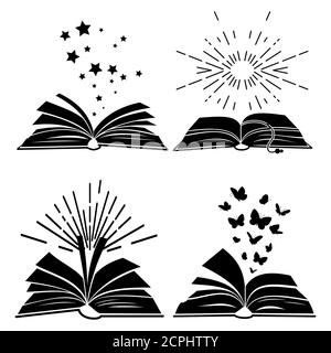 Silhouettes de livres noirs avec papillons volants, étoiles et coups de soleil, illustration vectorielle Illustration de Vecteur