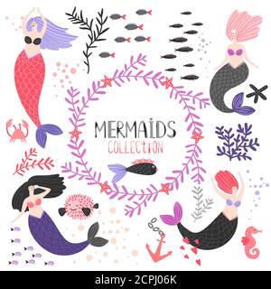 Collection de personnages de dessins animés mermaids et de poissons vectoriels sur fond blanc Illustration de Vecteur