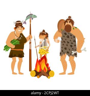 Famille de caveliers de dessins animés. Les personnages de Caveman préparent la nourriture au feu, illustration de vecteur familial préhistorique de l'âge de pierre Illustration de Vecteur