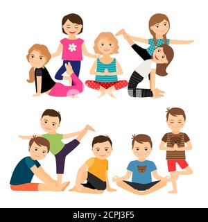 Les groupes de garçons et de filles dans le yoga pose l'illustration vectorielle Illustration de Vecteur