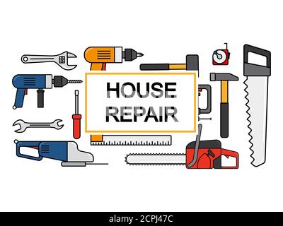 Conception de bannière de réparation de maison avec collection de vecteur d'outils de ligne. Illustration du marteau et du semoir de l'équipement de réparation Illustration de Vecteur