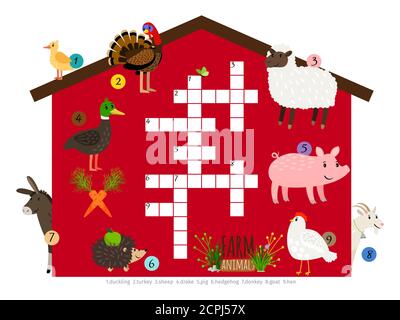 Animaux de ferme vecteur enfants mots croisés modèle isolé. Illustration du jeu de brainteaser pour les enfants Illustration de Vecteur