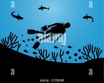 Silhouettes de vie sous-marine avec fond vectoriel de plongeur. Illustration du plongeur dans l'eau marine, plongée sous-marine Illustration de Vecteur