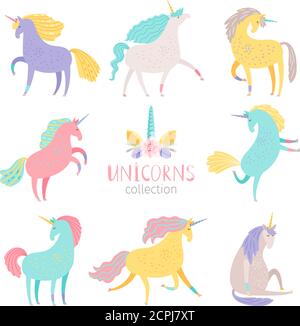 Ensemble licorne de contes de fées. Unicornes de poney de couleur arc-en-ciel isolés sur une illustration vectorielle de fond blanc Illustration de Vecteur