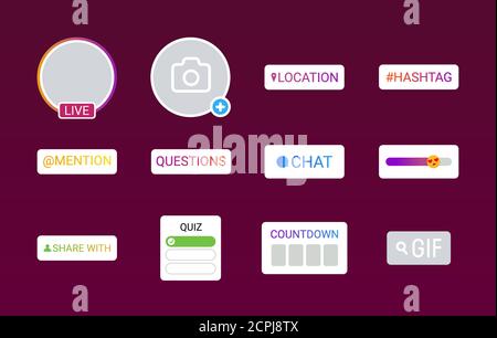 Autocollants d'interface pour les histoires. Boutons des réseaux sociaux. Affiche une page Web, une application mobile, une bannière, des réseaux sociaux. Contour modifiable. Illustration de Vecteur
