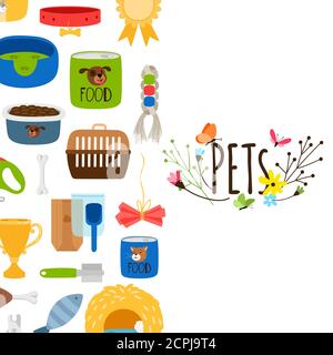 Arrière-plan Vector pour animaux de compagnie avec icônes de magasin d'animaux de compagnie. Illustration du peigne pour animaux, de l'alimentation et de la laisse Illustration de Vecteur