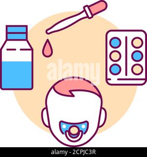 Dosage médicaments pour enfants icône de ligne de couleur. Signe de soins de santé pédiatriques. Concept de garde d'enfants. Pictogramme pour page Web, application mobile, Promo. INTERFACE UTILISATEUR UTILISATEUR UX Illustration de Vecteur