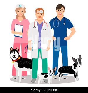 Chiens vétérinaires. Équipe vétérinaire avec les chiens cute soins pour vétérinaire clinique vecteur illustration Illustration de Vecteur