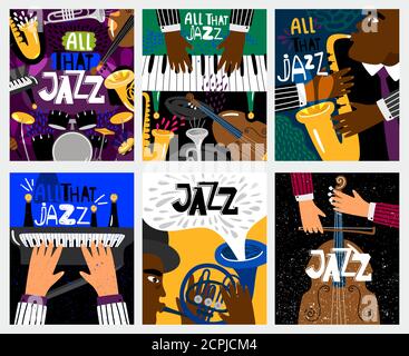 Bannières jazz. Affiches vectorielles de musique jazz avec instruments de musique comme le saxophone et le piano, contrebasse et batterie pour le festival de blues Illustration de Vecteur