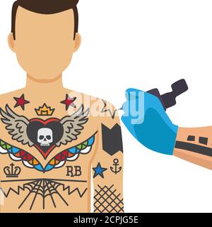 Processus de tatouage. Tatouage artiste dessin sur la main de l'homme avec machine de tatouage, tatoueur studio illustration vectorielle Illustration de Vecteur