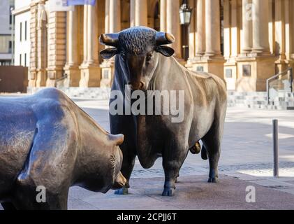 Bull et porter sur la Börsenplatz en face de la bourse de Francfort-sur-le-main, Hesse, Allemagne Banque D'Images