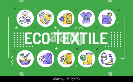 Typographie de lettrage textile éco. Vêtements recyclables organiques. Infographies avec icônes linéaires sur fond vert. Concept d'idée créative Banque D'Images