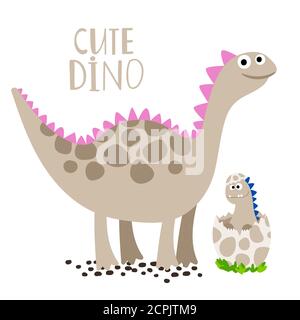 Adorable dino nouveau-né avec son icône vecteur mère isolée arrière-plan blanc Illustration de Vecteur