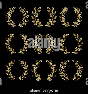 Couronnes dorées. Ensemble de couronne linéaire avec feuilles dorées isolées sur fond noir, cadres fleuris ou symboles des lauréats de lauriers, illustration vectorielle Illustration de Vecteur