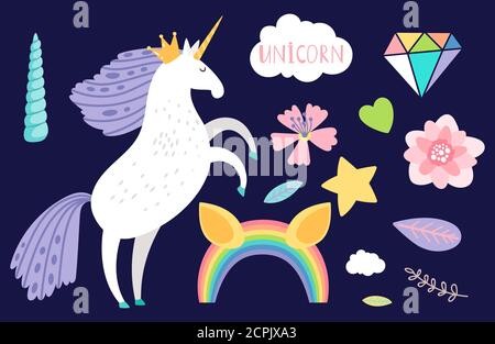 La collection de dessins animés unicorn accessoirisse l'illustration vectorielle. Licorne et arc-en-ciel, collection d'autocollants Illustration de Vecteur