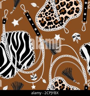 Motif chaînes TIGER. Illustration sans couture à motif léopard ou tigre en fourrure abstrait avec ceinture en cuir et animaux enchaînés, imprimé léopard de luxe, illustration vectorielle Illustration de Vecteur