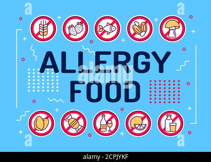 Typographie de mots d'allergie alimentaire. Ingrédients allergènes. Intolérance alimentaire. Infographies avec icônes linéaires en arrière-plan. Concept d'idée créative Illustration de Vecteur