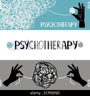 Ensemble de bannières de concept de psychothérapie, avec des mains humaines démêlant des thrads, illustration vectorielle Illustration de Vecteur
