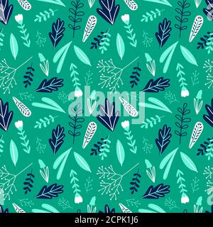 Motif fleuri vert sans couture, motif vectoriel. Illustration de vert floral, motif naturel sans couture de plante de dessin animé Illustration de Vecteur