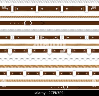 Motifs des courroies. Ceintures en cuir, chaînes en métal et cordelettes articles horizontaux sans couture sur carreaux blancs, vectoriels élégants Illustration de Vecteur